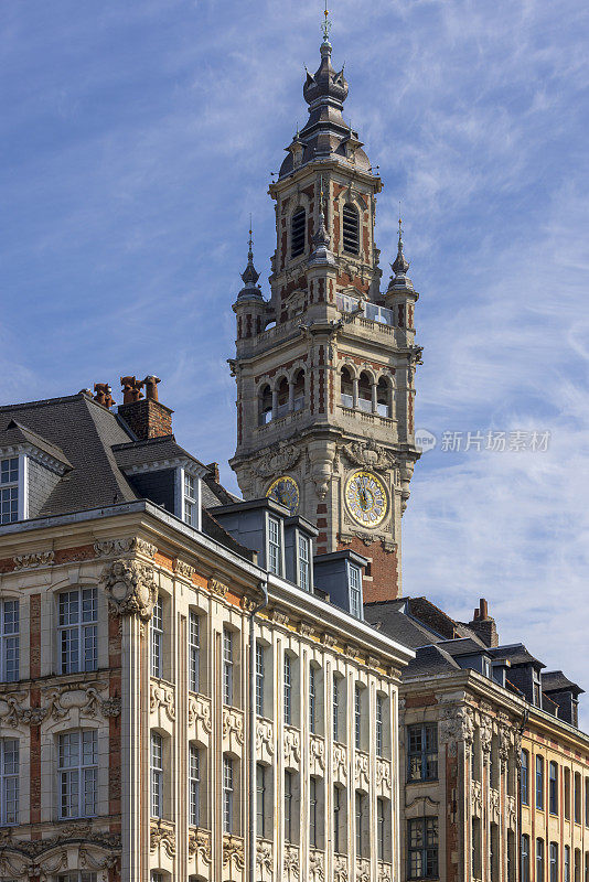 Tower of the Chamber of Commerce in the French city of Lille on the Place du Théâtre. The building was built between 1910 and 1921 and was designed by architect Louis Marie Cordonnier